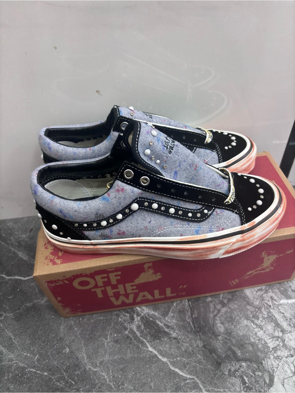 Vans Slip-On Sneakers in Black and Heathered Light Blue with Pearl Studs